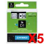 5 x Genuine Dymo D1 Label Tape 9mm Black on White 40913 - 7 metres