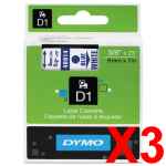 3 x Genuine Dymo D1 Label Tape 9mm Blue on White 40914 - 7 metres