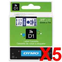 5 x Genuine Dymo D1 Label Tape 9mm Blue on White 40914 - 7 metres