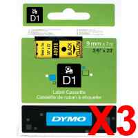 3 x Genuine Dymo D1 Label Tape 9mm Black on Yellow 40918 - 7 metres