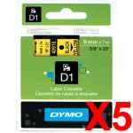 5 x Genuine Dymo D1 Label Tape 9mm Black on Yellow 40918 - 7 metres