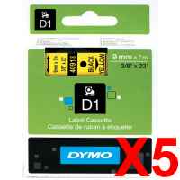 5 x Genuine Dymo D1 Label Tape 9mm Black on Yellow 40918 - 7 metres