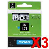 3 x Genuine Dymo D1 Label Tape 6mm Black on Clear 43610 - 7 metres