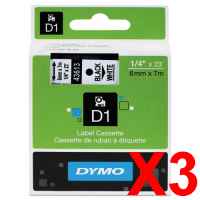 3 x Genuine Dymo D1 Label Tape 6mm Black on White 43613 - 7 metres