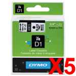 5 x Genuine Dymo D1 Label Tape 6mm Black on White 43613 - 7 metres