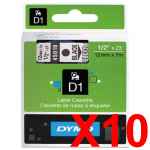 10 x Genuine Dymo D1 Label Tape 12mm Black on Clear 45010 - 7 metres
