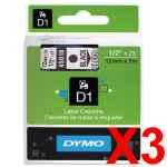 3 x Genuine Dymo D1 Label Tape 12mm Black on Clear 45010 - 7 metres