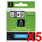 5 x Genuine Dymo D1 Label Tape 12mm Black on Clear 45010 - 7 metres