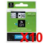 10 x Genuine Dymo D1 Label Tape 12mm Black on White 45013 - 7 metres