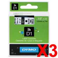 3 x Genuine Dymo D1 Label Tape 12mm Black on White 45013 - 7 metres