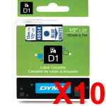 10 x Genuine Dymo D1 Label Tape 12mm Blue on White 45014 - 7 metres