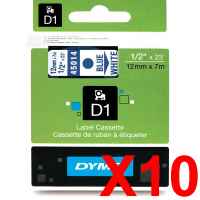 10 x Genuine Dymo D1 Label Tape 12mm Blue on White 45014 - 7 metres