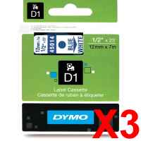 3 x Genuine Dymo D1 Label Tape 12mm Blue on White 45014 - 7 metres