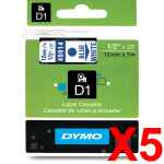 5 x Genuine Dymo D1 Label Tape 12mm Blue on White 45014 - 7 metres