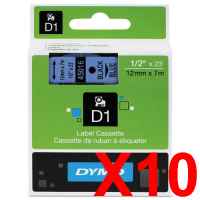 10 x Genuine Dymo D1 Label Tape 12mm Black on Blue 45016 - 7 metres