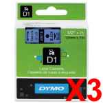 3 x Genuine Dymo D1 Label Tape 12mm Black on Blue 45016 - 7 metres