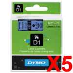 5 x Genuine Dymo D1 Label Tape 12mm Black on Blue 45016 - 7 metres