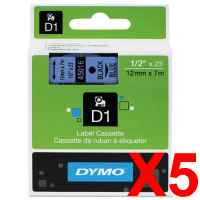 5 x Genuine Dymo D1 Label Tape 12mm Black on Blue 45016 - 7 metres