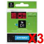 3 x Genuine Dymo D1 Label Tape 12mm Black on Red 45017 - 7 metres