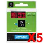 5 x Genuine Dymo D1 Label Tape 12mm Black on Red 45017 - 7 metres