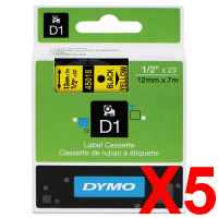 5 x Genuine Dymo D1 Label Tape 12mm Black on Yellow 45018 - 7 metres