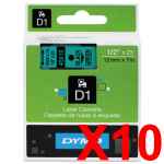 10 x Genuine Dymo D1 Label Tape 12mm Black on Green 45019 - 7 metres