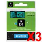 3 x Genuine Dymo D1 Label Tape 12mm Black on Green 45019 - 7 metres