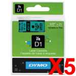 5 x Genuine Dymo D1 Label Tape 12mm Black on Green 45019 - 7 metres