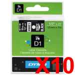 10 x Genuine Dymo D1 Label Tape 12mm White on Black 45021 - 7 metres