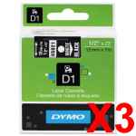 3 x Genuine Dymo D1 Label Tape 12mm White on Black 45021 - 7 metres