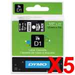 5 x Genuine Dymo D1 Label Tape 12mm White on Black 45021 - 7 metres