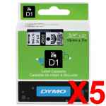 5 x Genuine Dymo D1 Label Tape 19mm Black on Clear 45800 - 7 metres
