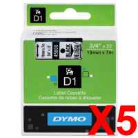 5 x Genuine Dymo D1 Label Tape 19mm Black on Clear 45800 - 7 metres