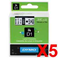 5 x Genuine Dymo D1 Label Tape 19mm Black on White 45803 - 7 metres