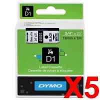 5 x Genuine Dymo D1 Label Tape 19mm Black on White 45803 - 7 metres