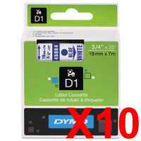 10 x Genuine Dymo D1 Label Tape 19mm Blue on White 45804 - 7 metres