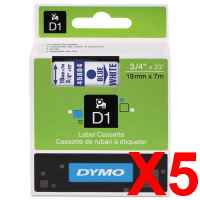 5 x Genuine Dymo D1 Label Tape 19mm Blue on White 45804 - 7 metres