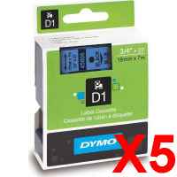 5 x Genuine Dymo D1 Label Tape 19mm Black on Blue 45806 - 7 metres