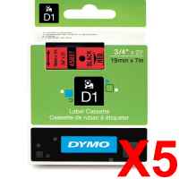 5 x Genuine Dymo D1 Label Tape 19mm Black on Red 45807 - 7 metres