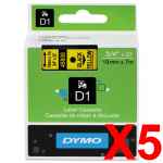 5 x Genuine Dymo D1 Label Tape 19mm Black on Yellow 45808 - 7 metres