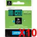 10 x Genuine Dymo D1 Label Tape 19mm Black on Green 45809 - 7 metres