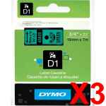 3 x Genuine Dymo D1 Label Tape 19mm Black on Green 45809 - 7 metres