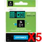 5 x Genuine Dymo D1 Label Tape 19mm Black on Green 45809 - 7 metres