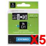 5 x Genuine Dymo D1 Label Tape 19mm White on Black 45811 - 7 metres