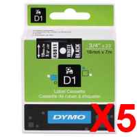 5 x Genuine Dymo D1 Label Tape 19mm White on Black 45811 - 7 metres