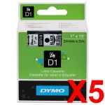 5 x Genuine Dymo D1 Label Tape 24mm Black on Clear 53710 - 7 metres