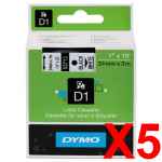 5 x Genuine Dymo D1 Label Tape 24mm Black on White 53713 - 7 metres