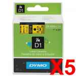 5 x Genuine Dymo D1 Label Tape 24mm Black on Yellow 53718 - 7 metres