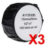 3 x Compatible Dymo LW Multi Purpose Labels 13mm x 25mm - 1000 Labels SD11353 S0722530