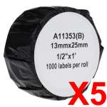 5 x Compatible Dymo LW Multi Purpose Labels 13mm x 25mm - 1000 Labels SD11353 S0722530